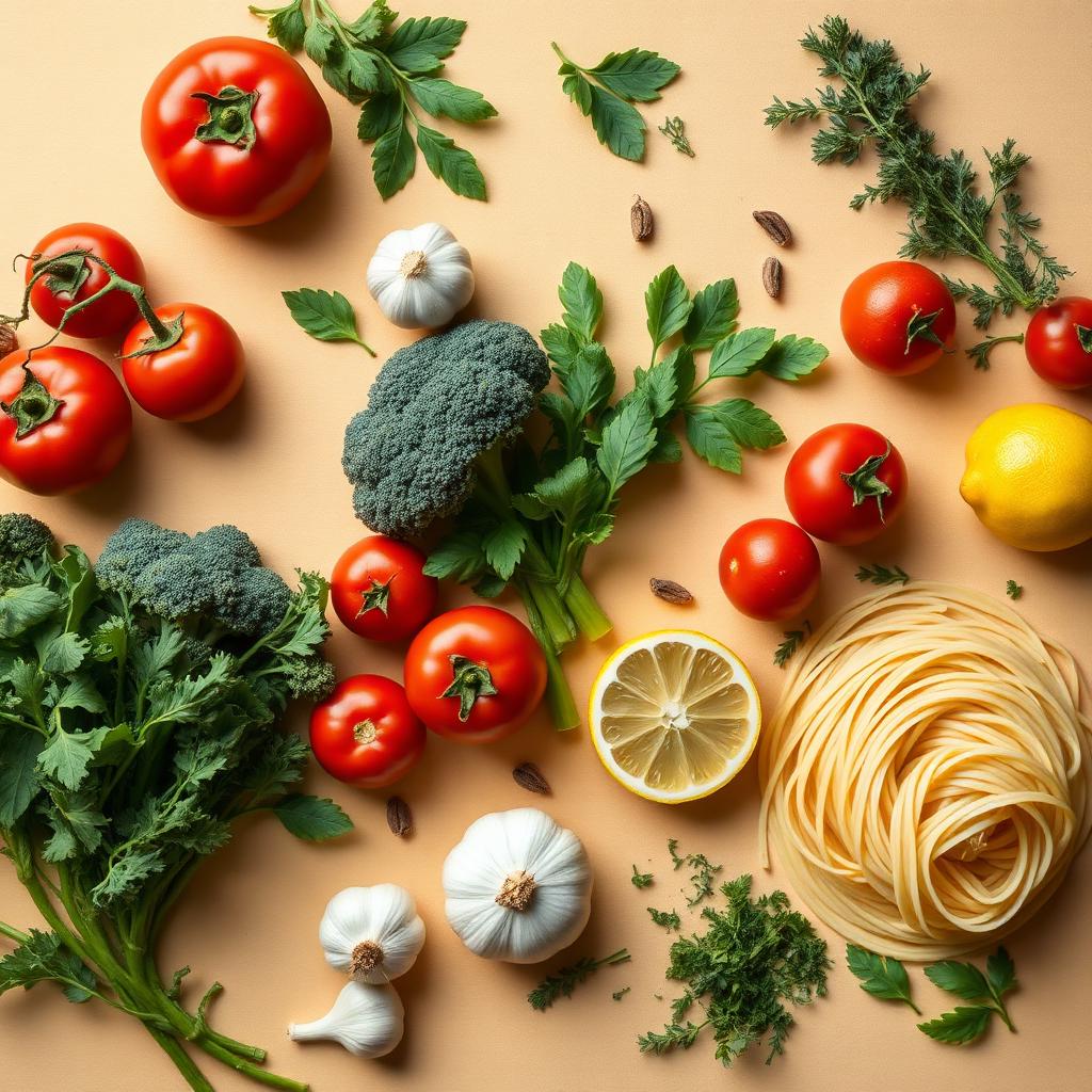 Fresh ingredients laid out on a warm cream backdrop